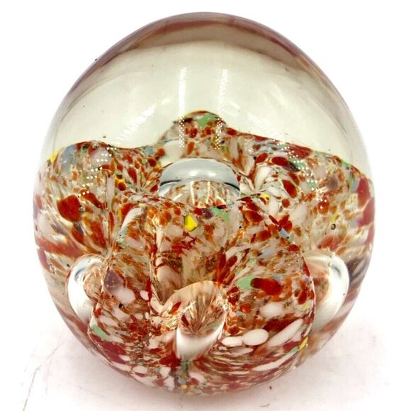 Confetti Controlled Bubble Paperweight Red White Clear Art Glass 3" Pointed Top - Picture 1 of 8